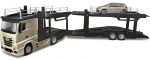 M&auml;nguautode transportija Bburago Mercedes Actros With VW Polo, 1:43, kuldne v./must v./hall v.