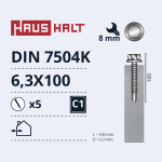 Isekeermestavad kruvid Haushalt, 6.3 mm x 100 mm, 5 tk