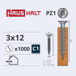 Puidukruvi, universaalsed Haushalt PZ1, 3 x 12 mm, valge v., 1000 tk