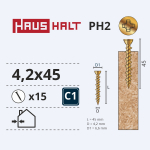 Puidukruvi, osb plaatidele Haushalt PH, 4.2 x 45 mm, kollane, 15 tk