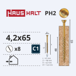 Puidukruvi, osb plaatidele Haushalt ZN PH, 4.2 x 65 mm, kollane, 8 tk