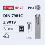 Isekeermestavad kruvid Haushalt DIN7981C, 3.9 mm x 19 mm, 30 tk