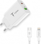 Telefoni laadija T-Phox Speedy, USB/USB-C, valge v., 18 W
