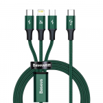 Kaabel Baseus Rapid Series 3in1, 2 x USB Type C /1 x Lightning/1 x Micro USB, 150 cm, roheline v., 20 W