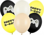 &Otilde;hupallide komplekt &uuml;mmargune PartyDeco Happy Birthday, valge v./must v./kollane v., 6 tk