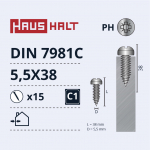 Isekeermestavad kruvid Haushalt DIN 7981C, 5.5 mm x 38 mm, 15 tk