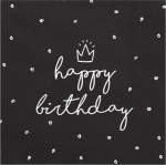 Pabersalvr&auml;tikud Party Deco Happy Birthday, 33 cm x 33 cm, valge v./must v., 20 tk