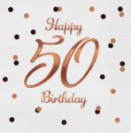 Pabersalvr&auml;tikud GoDan Happy 50 Birthday, 33 cm x 33 cm, kuldne v./valge v., 20 tk