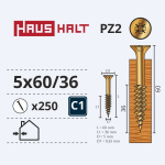 Puidukruvi, universaalsed Haushalt PZ2, 5 x 60 mm, kollane v., 250 tk