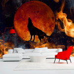 Fototapeet Artgeist Wild Nature - Wolf On A Background Of A Red Moon In Flames Of Fire, 70 cm x 100 cm