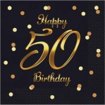 Pabersalvr&auml;tikud GoDan Happy 50 Birthday, 33 cm x 33 cm, kuldne v./must v., 20 tk