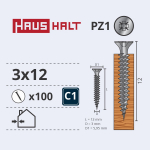 Puidukruvi, universaalsed Haushalt, 3 x 12 mm, valge, 100 tk