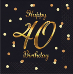 Pabersalvr&auml;tikud GoDan Happy 40 Birthday, 33 cm x 33 cm, kuldne v./must v., 20 tk