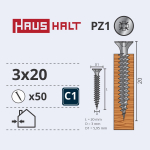 Puidukruvi, universaalsed Haushalt PZ1, 3 x 20 mm, valge, 50 tk