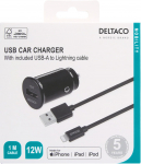 Auto laadija Deltaco USB-CAR130, Lightning/USB Type A, must, 12 W