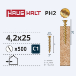 Puidukruvi, osb plaatidele Haushalt PH, 4.2 x 25 mm, kollane v., 500 tk