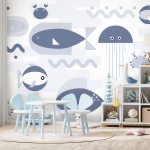 Fototapeet Artgeist Minimalist Ocean - Geometric Fish And Crabs In Water For Kids, 175 cm x 245 cm