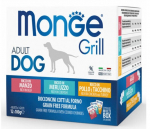 M&auml;rg koeratoit Monge, veiseliha/kalaliha/kanaliha/kalkun Grill Adult Dog Multipacks, 0,1 kg x 12 tk