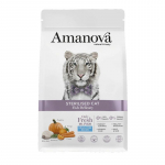 Amanova Sterilised sausas pa&scaron;aras su balta žuvimi ir moliūgais sterilizuotoms katėms, 1,5 kg