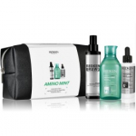 Redken Amino Mint juuksehoolduskomplekt (&scaron;ampoon 300 ml + sprei 125 ml + juuste v&auml;ljalangemise vastane toode 90 ml + kosmeetikakott) - 1 tk.