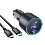 Auto kiirlaadija 130W 12-24V USB-A + 2xUSB-C QC3.0 PD3.0 koos USB-C kaabliga 1m