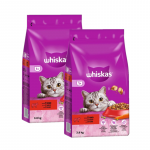 WHISKAS Adult 2x3,8 kg &ndash; t&auml;isv&auml;&auml;rtuslik kuivtoit t&auml;iskasvanud kassidele maitsva veiselihaga