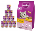 WHISKAS Adult 14 kg &ndash; kuiv kassitoit kana ja k&ouml;&ouml;giviljadega + WHISKAS Adult konservtoidu kasti 10x400 g