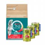 Purina One Cat Sterilcat veiseliha kassitoit 3 kg + WILD FARM Premium teraviljavaba lambaliha ja tuunikala 3x400 g &ndash; teraviljavaba toit steriliseeritud kassidele