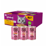 WHISKAS Adult kotike 80 x 85 g Linnuliha t&uuml;kid &ndash; m&auml;rgtoit t&auml;iskasvanud kassidele kotikeses (t&uuml;kid: kana, part, linnuliha, kalkun) + WILD FARM P&acirc;t&eacute; 3x400g