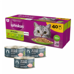 WHISKAS Adult kotikesed 40 x 85 g Fishy Treats &ndash; m&auml;rgtoit t&auml;iskasvanud kassidele kotikestes (l&otilde;he, tuunikala, kana, veiseliha) + WILD FARM Mousse Chicken 3x85g