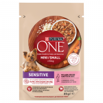 PURINA ONE Sensitive Mini/Small t&auml;iskasvanud koertele m&otilde;eldud toit l&otilde;he, riisi ja porgandiga kastmes 85 g
