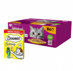WHISKAS T&auml;iskasvanud kassidele m&otilde;eldud kotike 80 x 85 g + DREAMIES Kreemjas juustu ja kassipipraga 12x10g