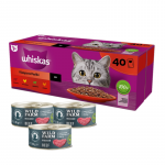 WHISKAS Adult kotid 40 x 85 g Classic Meals &ndash; m&auml;rgtoit t&auml;iskasvanud kassidele, kastmega (veiseliha, kana, lambaliha, linnuliha) + WILD FARM Mousse Beef 3x85g