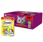 WHISKAS T&auml;iskasvanud kassidele m&otilde;eldud kotikesed 80 x 85 g + DREAMIES Kreemjas kana ja l&otilde;hega 12x10g