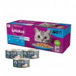 WHISKAS Adult kotikesed 40 x 85 g Fishy Treats &ndash; m&auml;rgtoit t&auml;iskasvanud kassidele kotikestes (l&otilde;he, tuunikala, tursikala, valge kala) + WILD FARM Mousse White Fish 3x85g