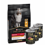 Purina Pro Plan Medium Adult Optibalance, kana ja riis 14 kg + Wild Farm Monoprotein metssiga 3x400 g h&uuml;poallergeeniline koeratoit