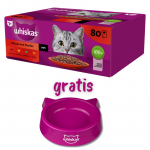 WHISKAS Adult kotikesed 80 x 85 g Classic Meals &ndash; m&auml;rgtoit t&auml;iskasvanud kassidele, kastmega (veiseliha, kana, lambaliha, linnuliha) + WHISKAS kassi kauss