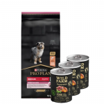 Purina Pro Plan Medium Puppy Sensitive Optiderma, l&otilde;he ja riis 12 kg + Wild Farm Monoprotein Pork 3x400 g h&uuml;poallergeeniline koeratoit