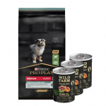 Purina Pro Plan Medium Puppy Sensitive Optidigest, lambaliha ja riis 12 kg + Wild Farm Monoprotein Pork 3x400 g h&uuml;poallergeeniline koeratoit