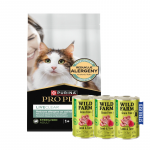 PRO PLAN LiveClear Toit steriliseeritud t&auml;iskasvanud kassidele, l&otilde;hega rikastatud, 1,4 kg + WILD FARM Premium Grain Free Lamb and Tuna 3x400g &ndash; steriliseeritud kassidele