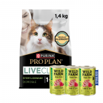 PRO PLAN LiveClear Toit steriliseeritud t&auml;iskasvanud kassidele, rikkalikult kalkunilihaga, 1,4 kg + WILD FARM Premium Grain Free Lamb and Tuna 3x400g &ndash; steriliseeritud kassidele