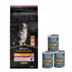 Purina Pro Plan Medium & Large 7+ Sensitive Optiderma, l&otilde;he ja riis 14 kg + Wild Farm Superfood Salmon l&otilde;he 3x400 g teraviljavaba koeratoit