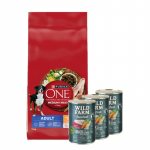 PURINA ONE Adult Medium/Maxi T&auml;iskasvanud koertele m&otilde;eldud toit, rikkalikult kana ja riisiga, 12 kg + Wild Farm Superfood Duck 3x400 g teraviljavaba koeratoit