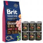 BRIT Premium By Nature Junior L 15 kg + WILD FARM Monoproteiiniline h&uuml;poallergeeniline koeratoit &ndash;  maitsete valik 6x400 g