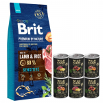 BRIT Premium By Nature Sensitive Lamb 15 kg + WILD FARM Monoprotein Hypoallergenic Dog Food &ndash;  Taste Collection 6x400 g