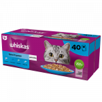 WHISKAS Adult paketėliai 40 x 85 g Fishy Treats - drėgnas maistas suaugusioms katėms drebučiuose (su la&scaron;i&scaron;a, tunu, menke, balta žuvimi)