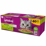 WHISKAS Adult paketėliai 40 x 85 g Fishy Treats - drėgnas maistas suaugusioms katėms drebučiuose (su la&scaron;i&scaron;a, tunu, menke, balta žuvimi)
