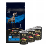 PURINA Veterinary PVD DRM Dermatosis 12 kg + Wild Farm Monoprotein Wild Boar 3x400 g h&uuml;poallergeeniline koeratoit