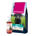 EUKANUBA t&auml;iskasvanud suurte t&otilde;ugude kana 15 kg + LAB V l&otilde;he&otilde;li koertele ja kassidele 500 ml