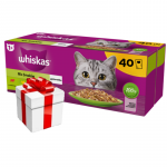 WHISKAS Adult kotikesed 40 x 85 g Fishy Treats &ndash; m&auml;rgtoit t&auml;iskasvanud kassidele kotikestes (l&otilde;he, tuunikala, kana, veiseliha) + &uuml;llatus teie kassile
